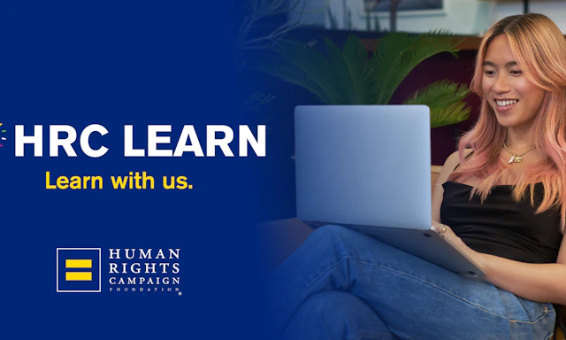 Photo of woman with pink hair using a laptop on the right with the image of a lightbulb next to text that reads "HRC LEARN" with smaller text below that reads "Learn with us" and the HRC equality logo below that.