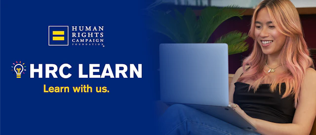 Photo of woman with pink hair using a laptop on the right with the image of a lightbulb next to text that reads "HRC LEARN" with smaller text below that reads "Learn with us" and the HRC equality logo below that.