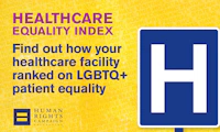 Graphic of a hospital sign with the "H" on it on the right and on the left is text that reads "HEALTHCARE EQUALITY INDEX" in all caps. Below is smaller text that reads "Find out how your healthcare facility ranked on LGBT patient equality."