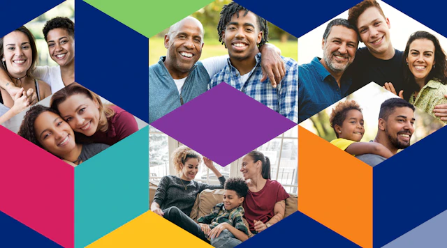 Collage featuring different images of a diverse group of family units.