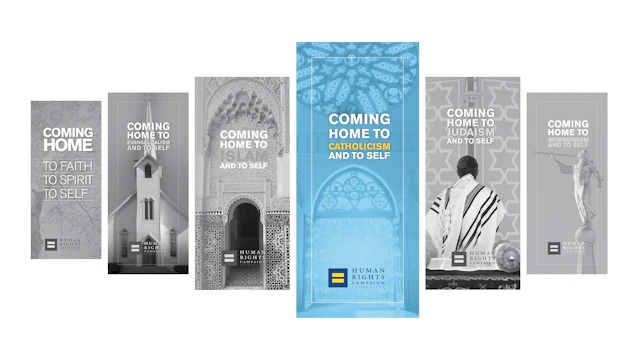 Image featuring six of the HRC Coming Home guides with the "Coming Home to Catholicism" in the center and in color while the other covers are in black and white.