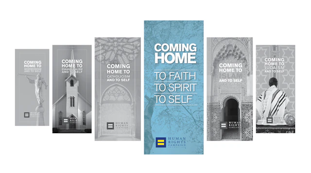 Image of six covers of the HRC coming home to guides with the Coming Home: To Faith, To Spirit, To Self in the center in color with the other covers in black and white.