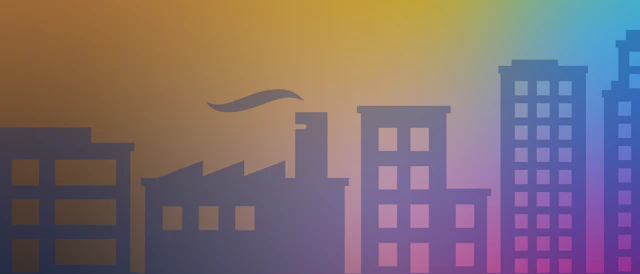 Basic outline of a city skyline with a purple. green and yellow ombre treatment