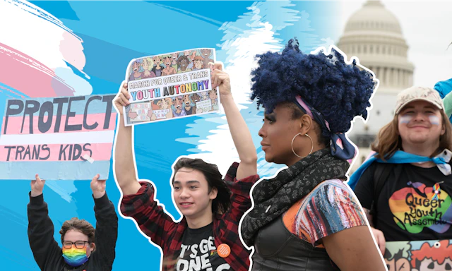 Trans colored graphic with people holding up Pro-Trans advocacy signs. The capitol building is in the far background.