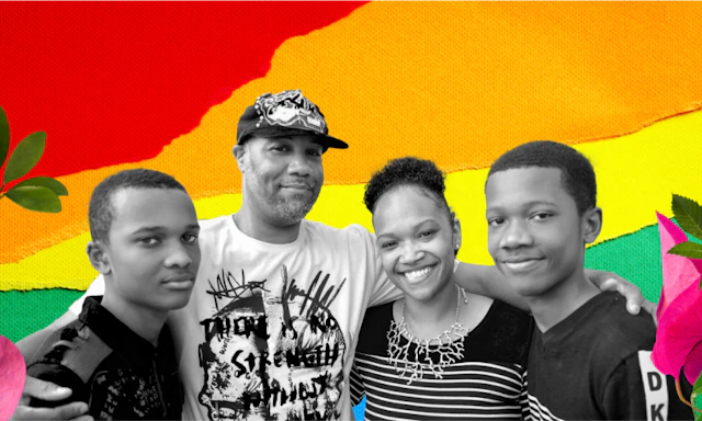 Collage of black family members: mom, dad, and two children