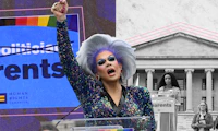Collage of a trans woman protesting with their fist up before a sign that says parents not politicians