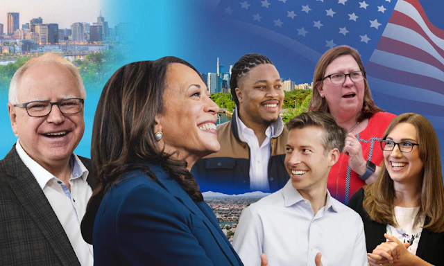 Tim Walz, Kamala Harris, Malcolm Kenyatta, Will Rollins, Julie Johnson and Sarah McBride in front of a background of an American flag and landscape