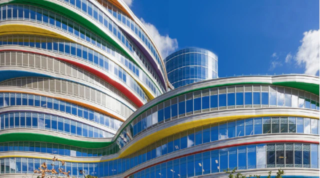 Outdoor view of a colorful hospital.