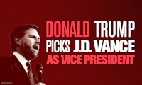 image of J.D. Vance on a red background with the words "Donald Trump picks J.D. Vance as Vice President"