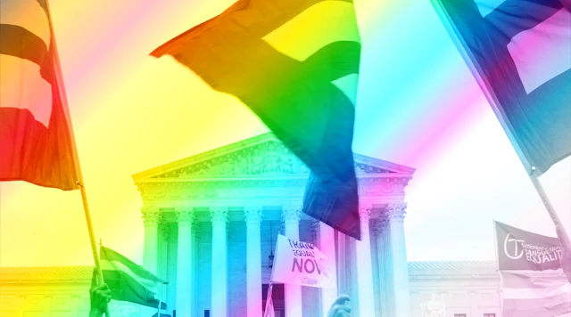 Photo of Supreme Court with rainbow overlay