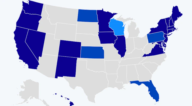 Map of the United States with specific states highlighted.