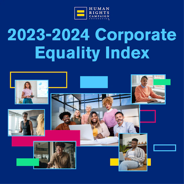 HRC equality logo at the top. Below is text that reads "2023-2024 Corporate Equality Index" with a collage of images featuring a collection of diverse individuals and rectangular design details.