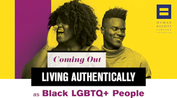 black and yellow duotone photo of two black people, one shouting and one smiling on split purple and yellow background with the words "Coming out: Living Authentically as LGBTQ+ Black People" and HRCF logo