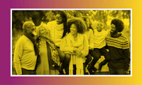 Yellow and black duotone photo of seven Black family members smiling on a purple and yellow gradient background