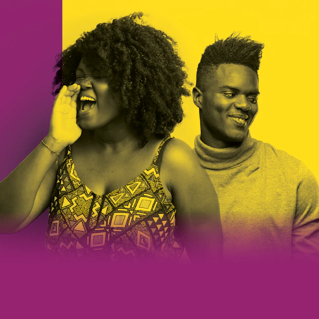 black and yellow duotone photo of two black people, one shouting and one smiling on split purple and yellow background