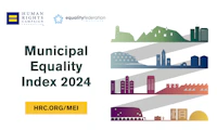 Municipal Equality Index 2024 with HRCF and Equality Federation logos, HRC.org/MEI link and illustration of colorful buildings.