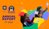 Young children in school hold trans flags. The HRC and Welcoming Schools logos are to the left. The background is orange.