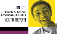 Image of a young Black person on the right. The HRC equality logo is on the left with text below that reads "The Black & African American LGBTQ Youth Report."
