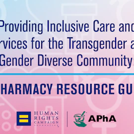 Light blue and pink ombre background with male and female icons. Text overlay reads "Providing inclusive care and services for the Transgender and gender diverse community:" with a light blue separator line with text "A PHARMACY RESOURCE GUIDE" in all caps below. Under that is the HRC equality logo and to the right, is the APhA logo.