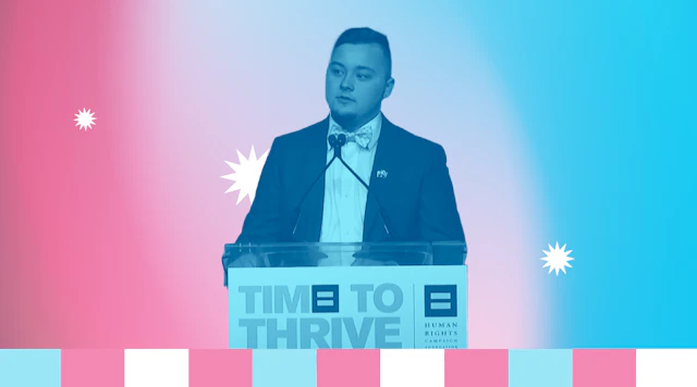 Male presenting person speaking at a podium with a pink white and blue color treatment