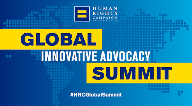 Image of the world map with the HRC equality logo at top and text overlay below that reads "GLOBAL INNOVATIVE ADVOCACY SUMMIT" in all caps with smaller text along the bottom that reads "#HRCGlobalSummit"