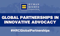 Map of the world with HRC equality logo at top center with text overlay below that reads "GLOBAL PARTNERSHIPS IN INNOVATIBE ADVOCACY" in all caps with "#HRCGlobalPartnerships" below.