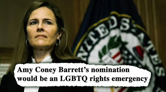 Screencap from new HRC video - caption says "Amy Coney Barrett's nomination would be an LGBTQ rights emergency"