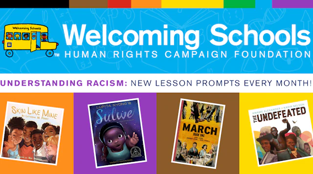 Illustration with blue on top and text: "Welcoming Schools, Understanding Racims: New Lesson Prompts Every Month!" and book covers covering the bottom of the illustration