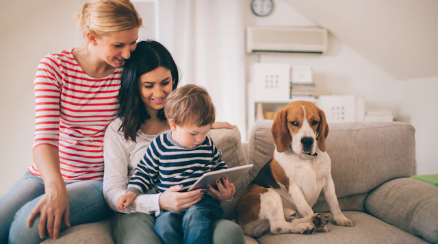 Two female gaurdians/parents are browsing a tablet with their child and dog.